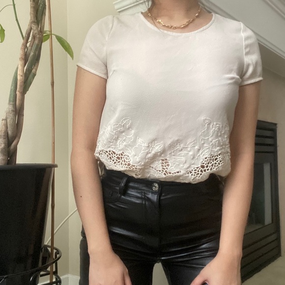 MONTEAU Cream Lace Insert Short Sleeve Blouse Top - Picture 1 of 8